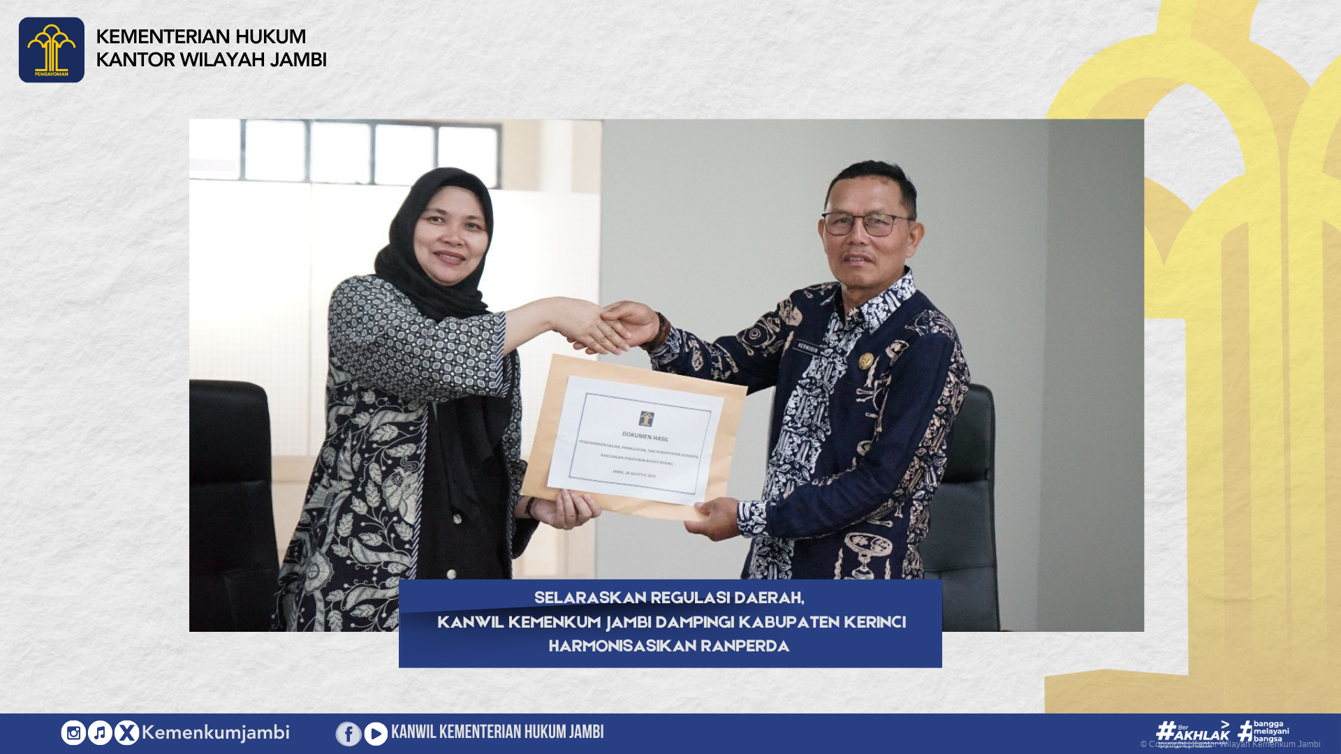 Selaraskan Regulasi Daerah, Kanwil Kemenkum Jambi Dampingi Kabupaten Kerinci Harmonisasikan Ranperda 